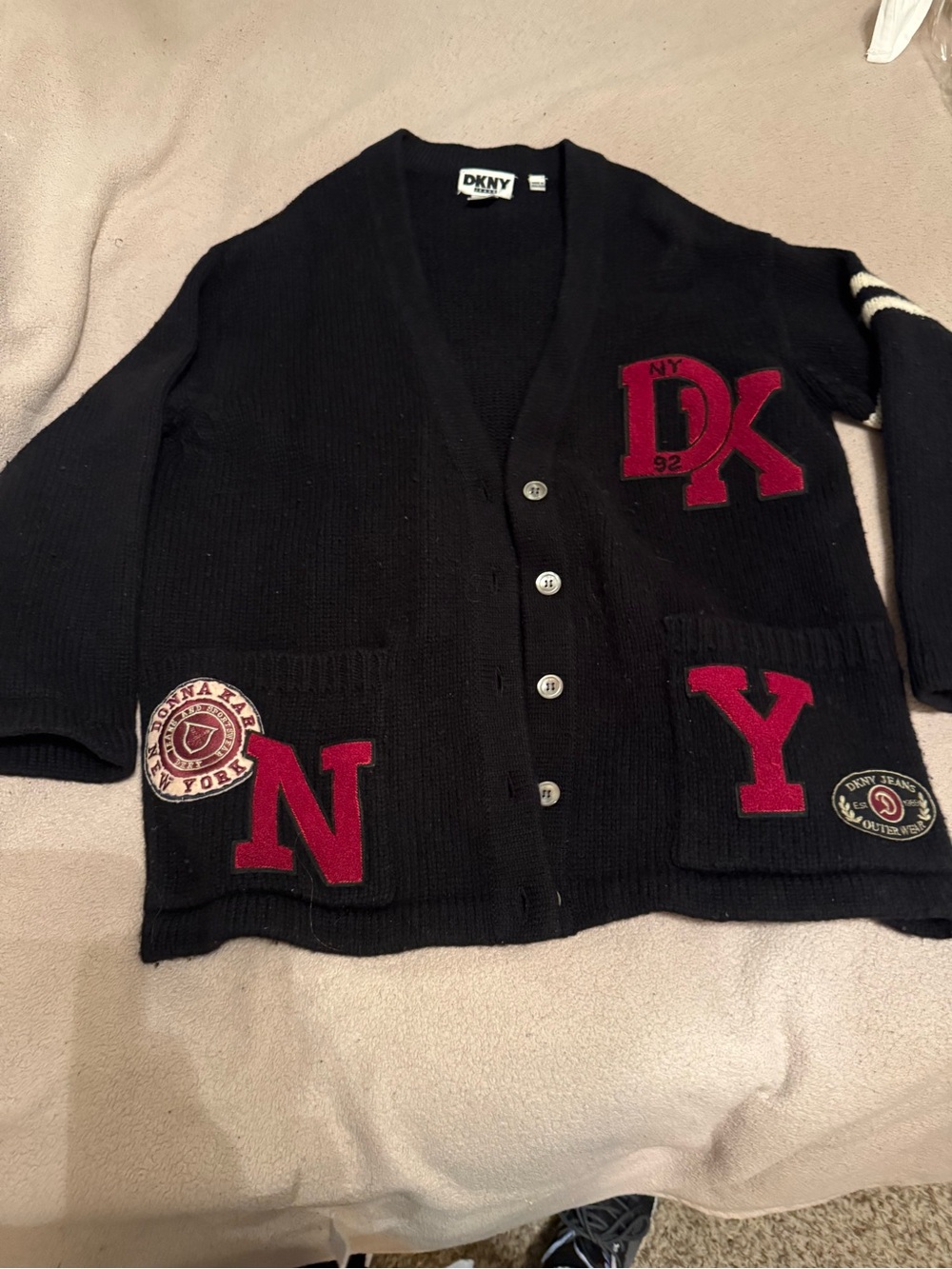 DKNY Black Cardigan with Red Letter Patches